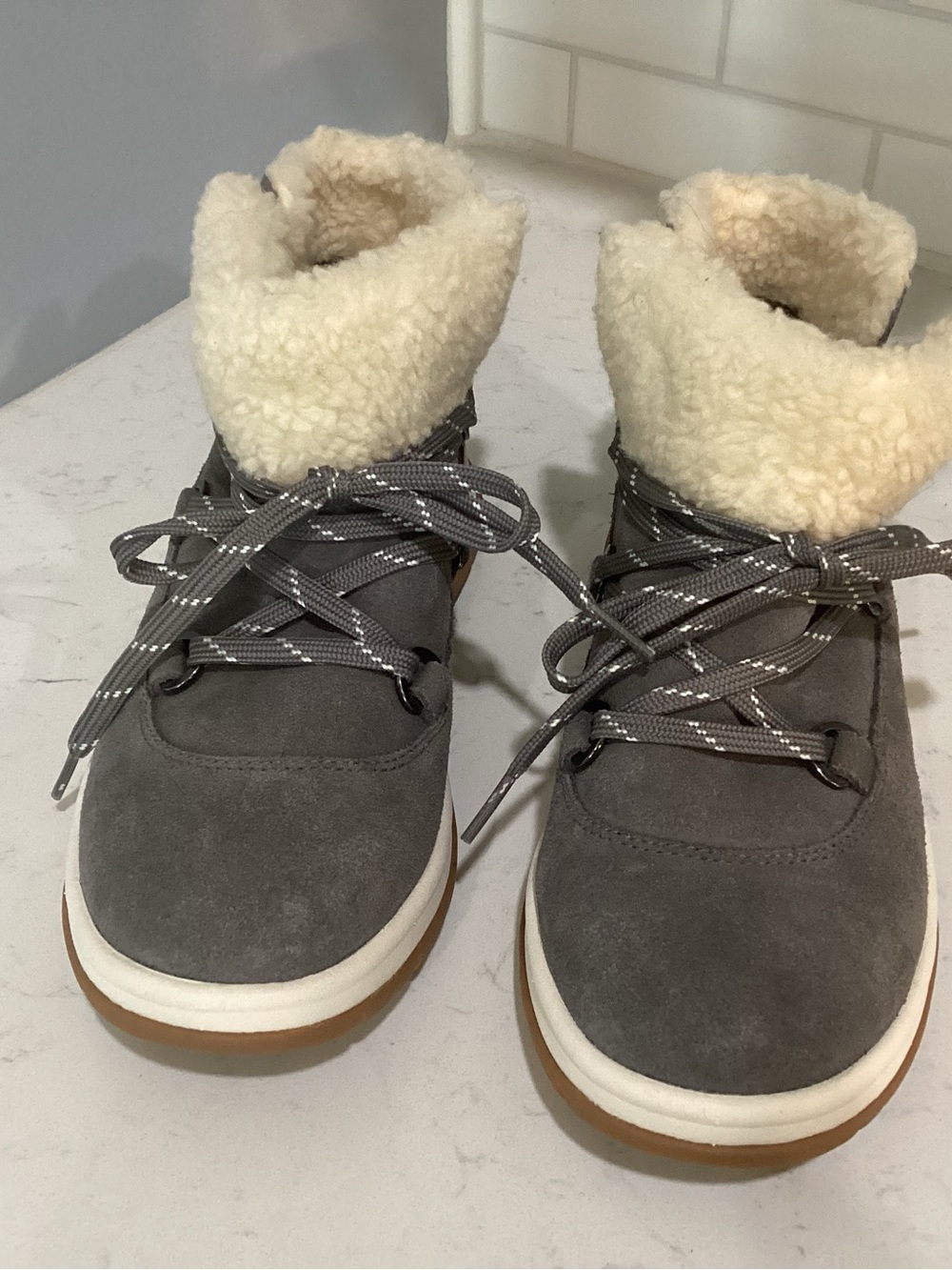 UGG Gray Suede Sherpa Cuff Winter Lace-Up Boots